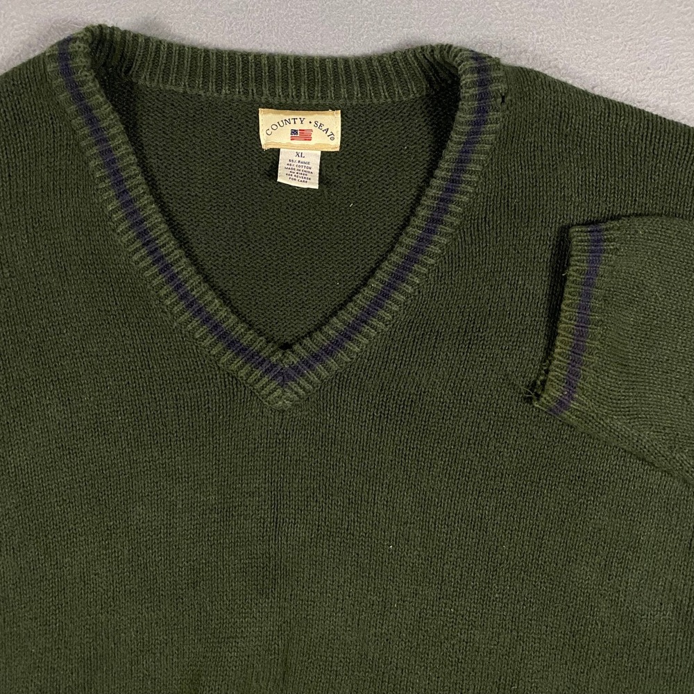 County Seat V-Neck Sweater Mens XL Green Vintage Ramie Cotton Knit